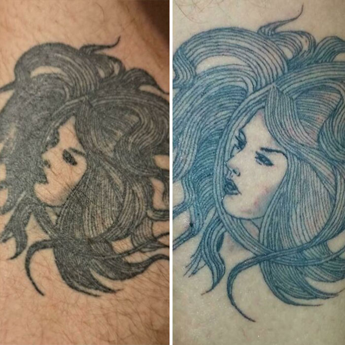 Aged tattoo comparison showing changes over the years; faded black ink versus newer refined blue lines.