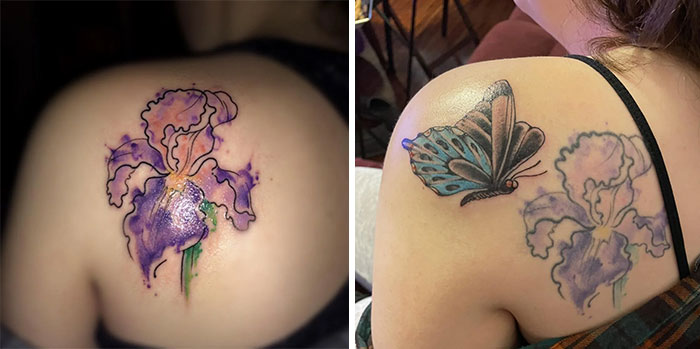 Close-up of aged tattoos, showing changes over time with a purple flower and butterfly design on a person’s shoulder.