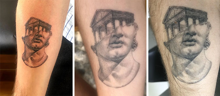 Aged tattoos showing changes over years; statue with temple head fading on arm.