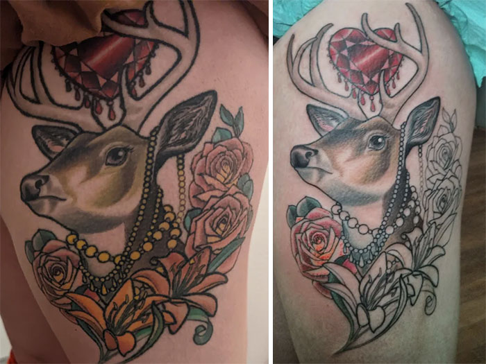 Deer tattoo with roses and jewel changes over years, showcasing aged tattoos.
