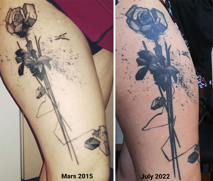 Aged tattoos: black rose tattoo from 2015 compared to 2022, showing changes over time.