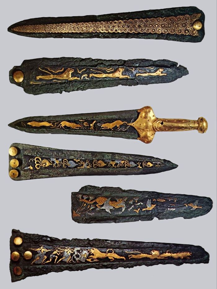 Mycenaean Bronze Daggers, Inlaid With Gold And Silver. 16th Century Bc
