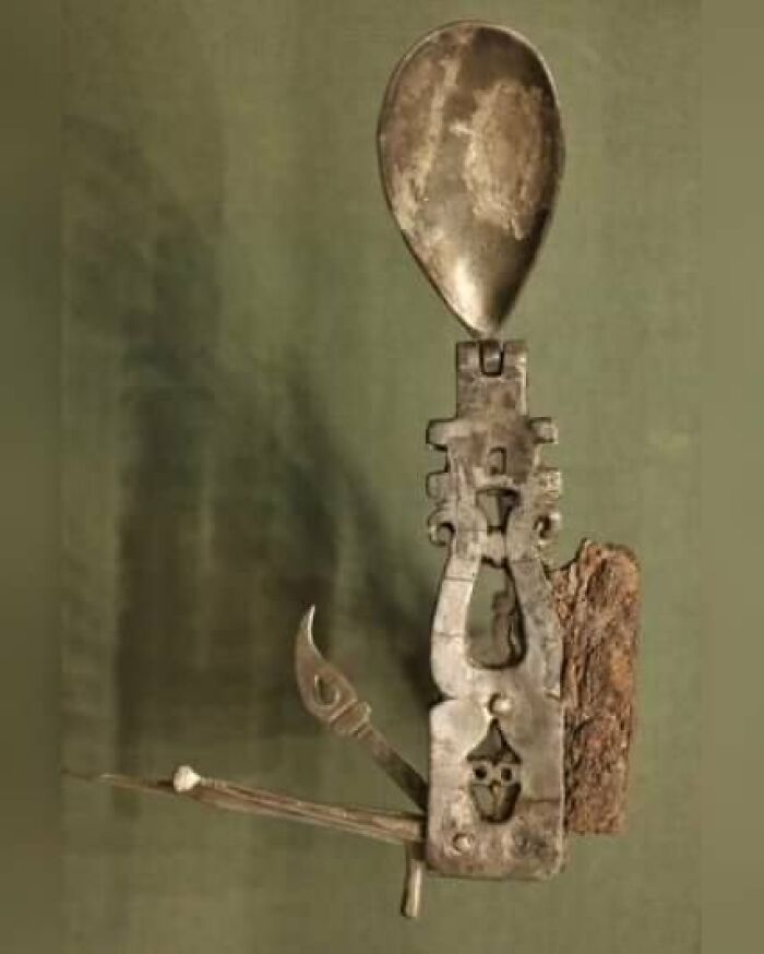 Roman Silver 'Swiss Army Knife', 200 To 300 Ad, The Fitzwilliam Museum, Cambridge. The Piece Contains A Knife, Spoon And Fork Plus A Spike, Spatula And Small Pick