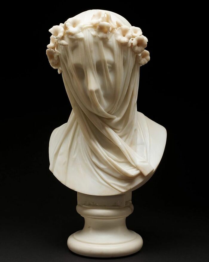 "Veiled Lady" (Bust) By Raffaelo Monti, 1860. Marble