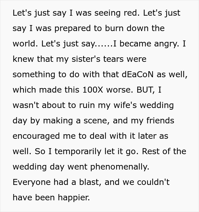 “In Fact, I Took Three Trips To That Church”: Guy Comes Back After Honeymoon, Gets Deacon Fired For Making His Wife And Sister Cry On His Wedding Day “In Fact, I Took Three Trips To That Church”: Guy Comes Back After Honeymoon, Gets Deacon Fired For Making His Wife And Sister Cry On His Wedding Day