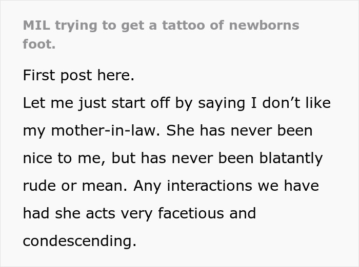 Text post discussing MIL wanting tattoo of grandkid's footprint, sparking a new mom's concerns.