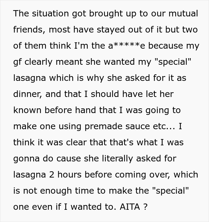 Woman Mocks GF&rsquo;s Signature Lasagna, Gets Insulted After She Serves Her A Premade One The Next Time