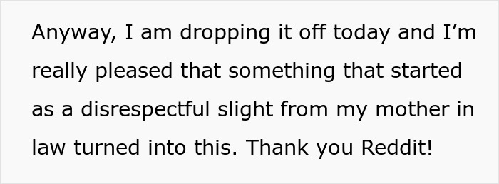Text expressing gratitude for turning a rude gift from MIL into a positive outcome with Reddit's help.