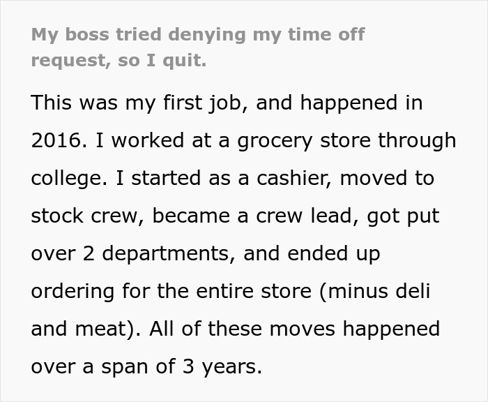 Grocery Store Manager Attempts To Introduce A 'No Time Off On Weekends' Policy, Worker Isn't Happy With It At All And Quits