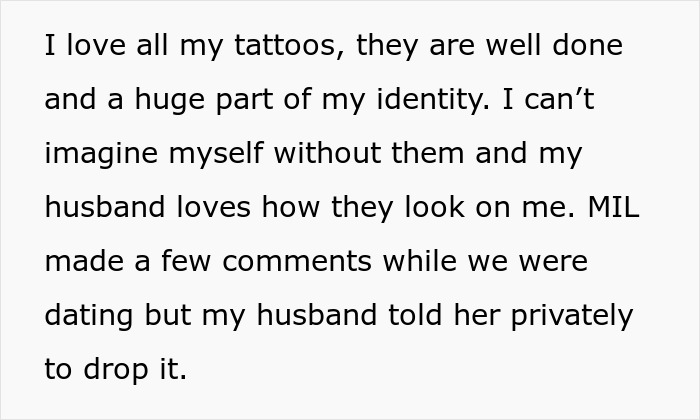 Text discussing tattoos and a husband's support despite MIL's rude comments.