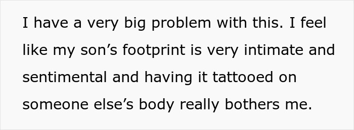 Text discussing new mom's concerns about MIL wanting a grandkid's footprint tattoo.