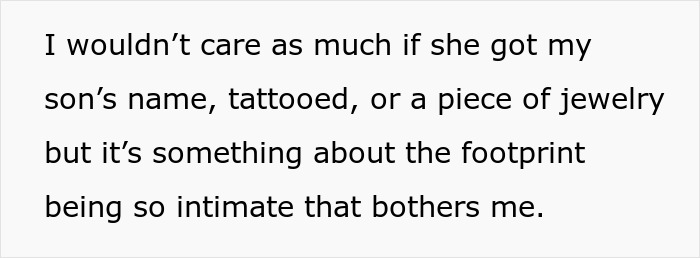 Text discussing a new mom's concerns about her MIL wanting a tattoo of grandkid's footprint.
