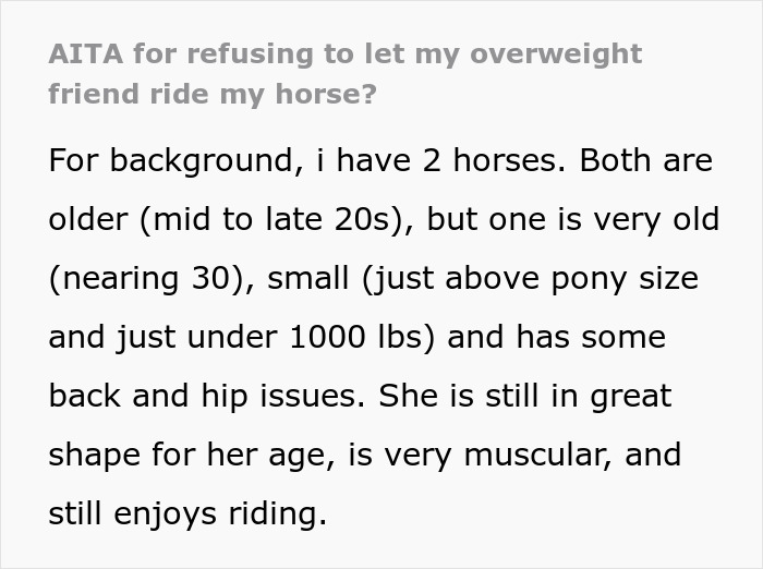 Horse Owner Doesn’t Let Her Overweight Friend Ride One Of The Animals, Gets Accused Of Body-Shaming Her Horse Owner Doesn’t Let Her Overweight Friend Ride One Of The Animals, Gets Accused Of Body-Shaming Her