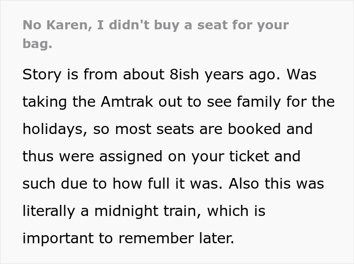 Woman Plots The Pettiest Revenge Against ‘Karen’ Who Refused To Move Her Bag From Her Prepaid Train Seat Woman Plots The Pettiest Revenge Against ‘Karen’ Who Refused To Move Her Bag From Her Prepaid Train Seat