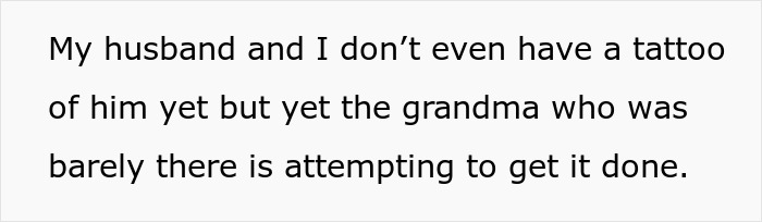 Text image discussing a MIL wanting a tattoo of grandkid's footprint while parents don't have one yet.