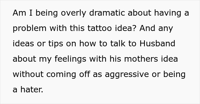 Text expressing concerns about MIL's tattoo idea of grandkid's footprint, seeking advice on communicating feelings to husband.