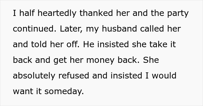 Text discussing a husband's insistence on returning a rude $500 gift given by his mother-in-law.