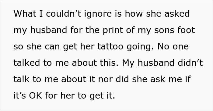 Text discussing MIL wanting grandkid's footprint tattoo without asking new mom.