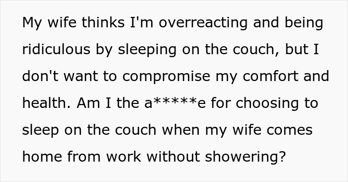 Husband Sleeps On The Couch Because His Gynecologist Wife Won&rsquo;t Shower Before Bed, Asks The Internet If He&rsquo;s A Jerk