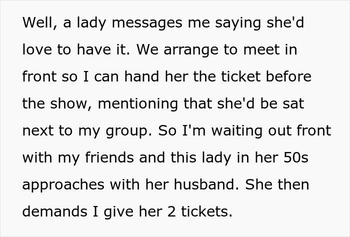 Person Gives Away 1 Ballet Ticket For Free, Karen Shows Up With Her Husband, Demands Someone Give Up Their Seat For Him