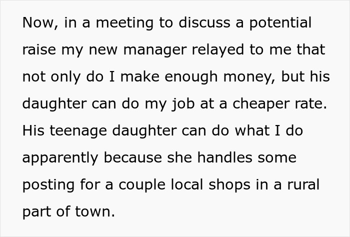 Efficient Employee Asks For A Raise, New Manager Threatens To Replace Them With His Teen Daughter At A Cheaper Rate Efficient Employee Asks For A Raise, New Manager Threatens To Replace Them With His Teen Daughter At A Cheaper Rate