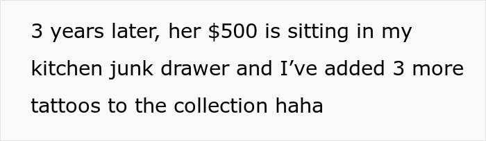 Text about MIL&rsquo;s rude $500 gift being unused in a kitchen drawer.