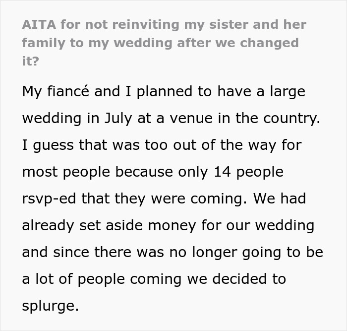 &ldquo;AITA For Not Reinviting My Sister And Her Family To My Wedding After We Changed It?&rdquo;