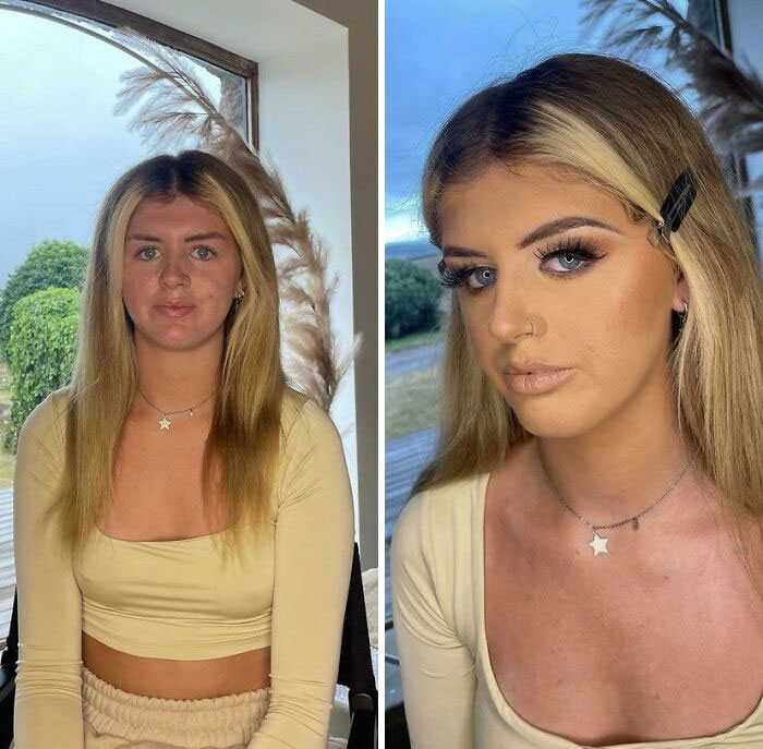 Before and after makeup fail comparison showing a dramatic change in appearance.
