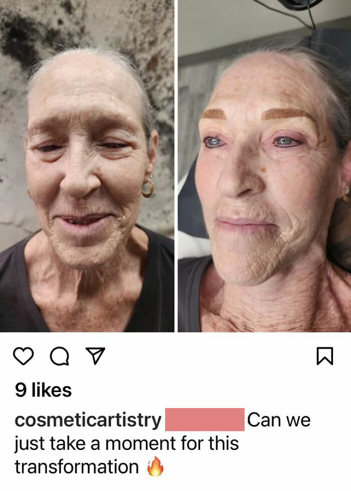 Makeup artist transformation fail with uneven eyebrows on an elderly woman in a before-and-after comparison.
