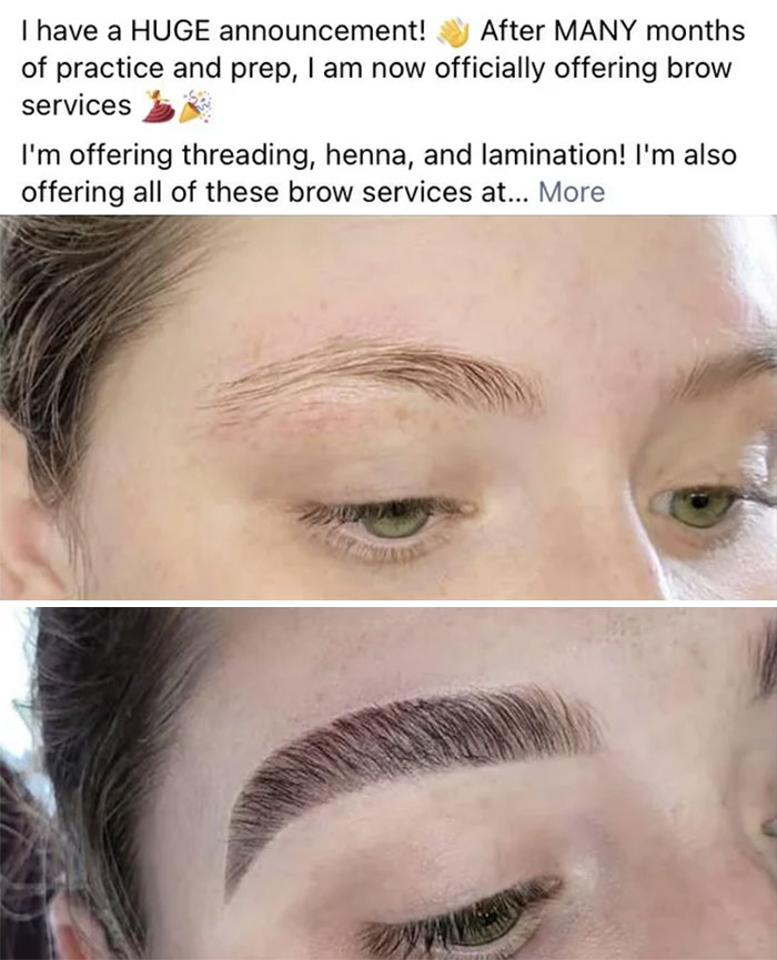 Failed makeup attempt shown in two close-up images highlighting unbalanced eyebrow styling.