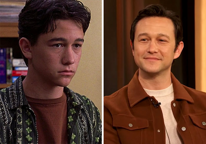 Actor Joseph Gordon-Levitt in a side-by-side comparison showing his youthful appearance and current look, showcasing celebrities who seemingly never age.
