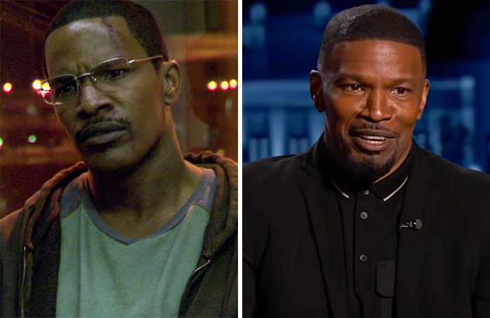 Actor Jamie Foxx in two different settings, showcasing celebrities that seemingly never age over time.