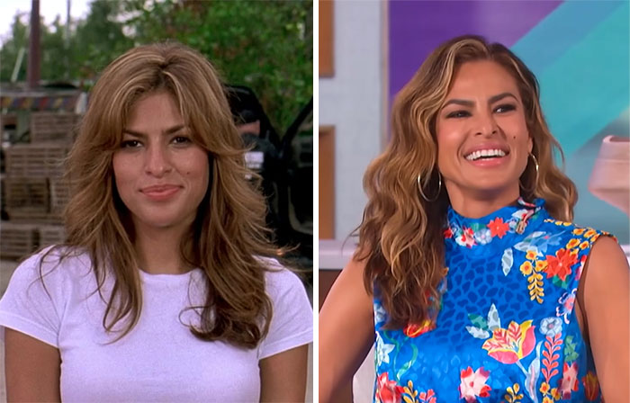 Side-by-side images of a female celebrity showcasing timeless beauty and youthful appearance through the years.