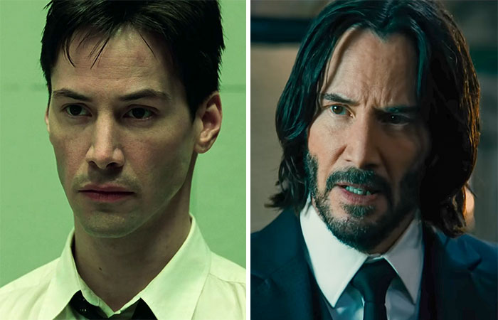 Keanu Reeves shown in two different ages, highlighting celebrities that seemingly never age in film roles.