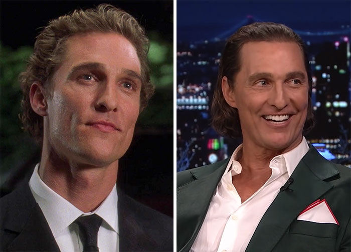 Matthew McConaughey in two side-by-side images showing his youthful and current appearance, highlighting celebrities that seemingly never age.