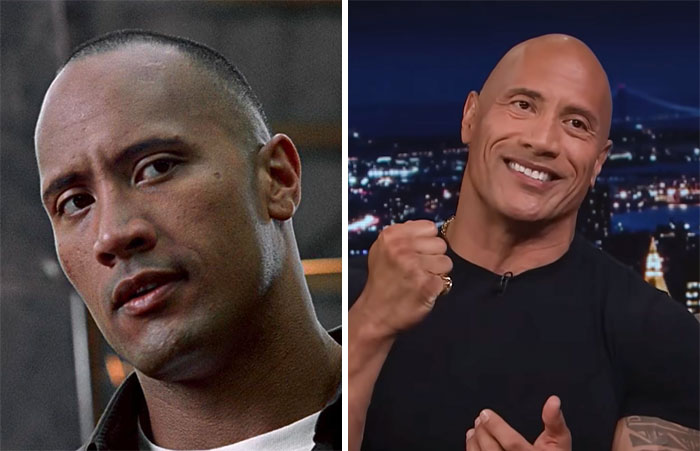 Dwayne Johnson shown in two different settings, highlighting celebrities that seemingly never age with a youthful appearance.