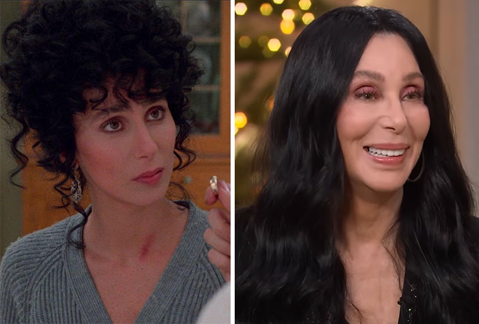 Split image showing a celebrity with curly hair on the left and the same celebrity with long black hair on the right, showcasing aging.