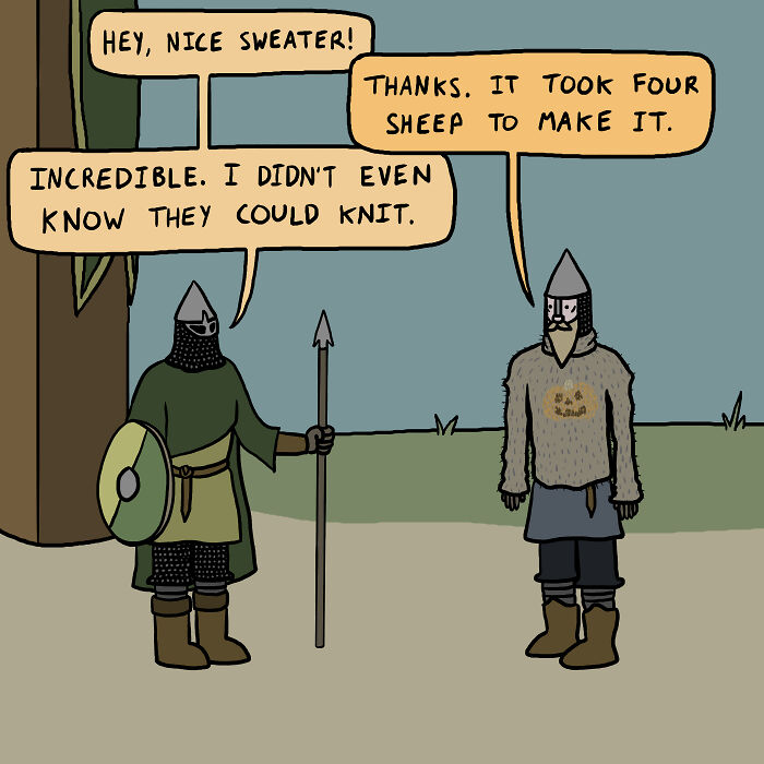 Two Vikings in conversation about a sweater made from sheep, featuring a humorous exchange.