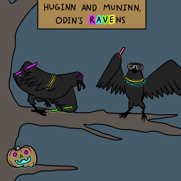 Viking-themed comic: Huginn and Muninn, Odin's ravens, sporting neon accessories on a tree with a carved pumpkin nearby.