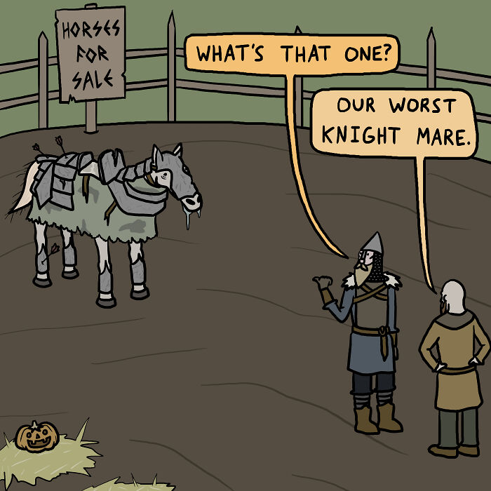 Vikings examining a horse labeled as "our worst knight mare" in a pun-filled comic setting.