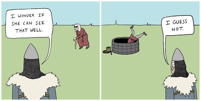 Viking watching an old woman fall into a well with a humorous twist.