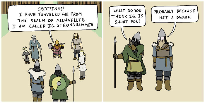 A group of Vikings listen to a dwarf introducing himself humorously as J.G. Stronghammer.