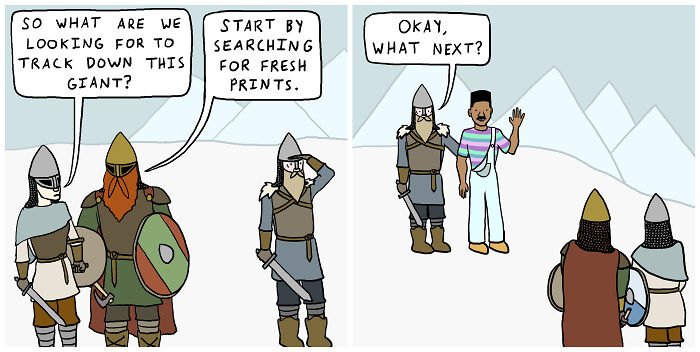 Vikings searching for "fresh prints," humorously featuring a man in a colorful outfit.