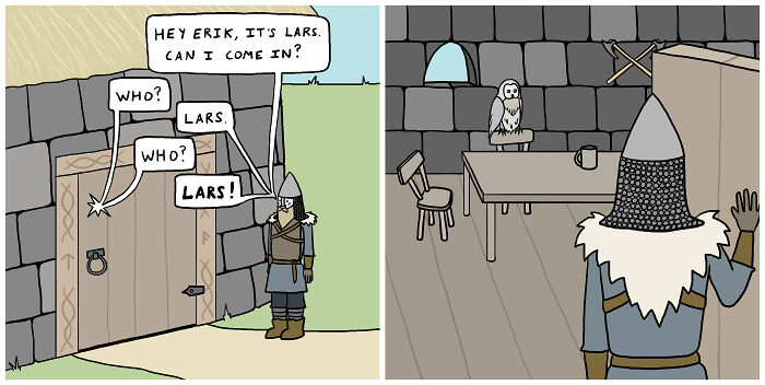 Viking comic strip with a knock-knock joke at a wooden door, featuring a viking named Lars.