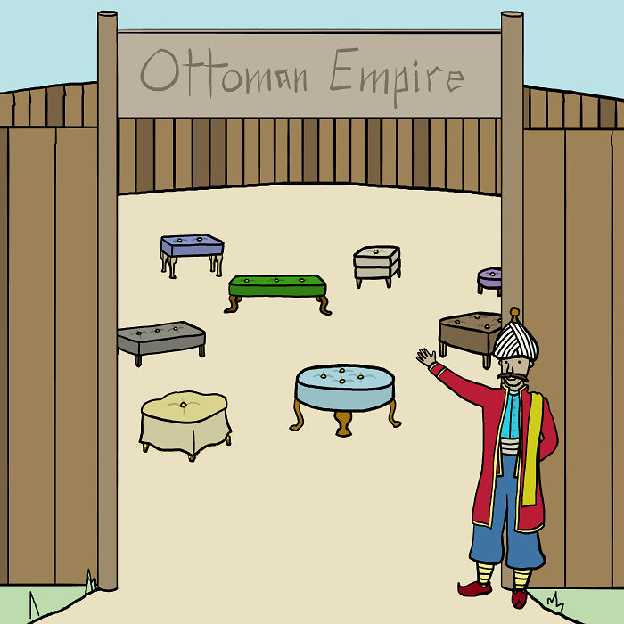 A Viking with ottomans in the "Ottoman Empire," humorously illustrating a pun on words.