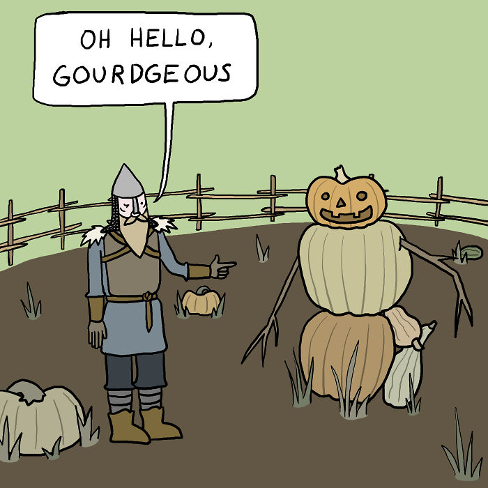 Viking comic with a knight greeting a pumpkin figure humorously.