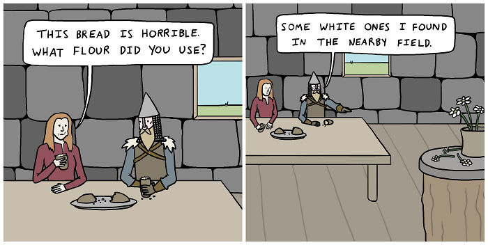 Vikings comic with two characters discussing a pun about bread and flour in a stone-walled room.