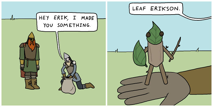 Viking comic with pun on "Leaf Erikson," featuring a small leaf figure on a hand.