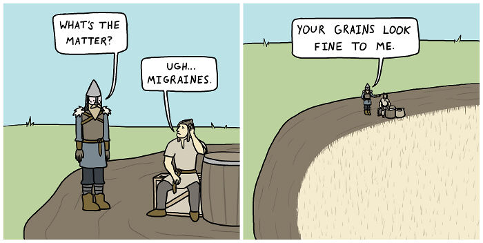 Viking comic with a pun about migraines and grains in a humorous dialogue.