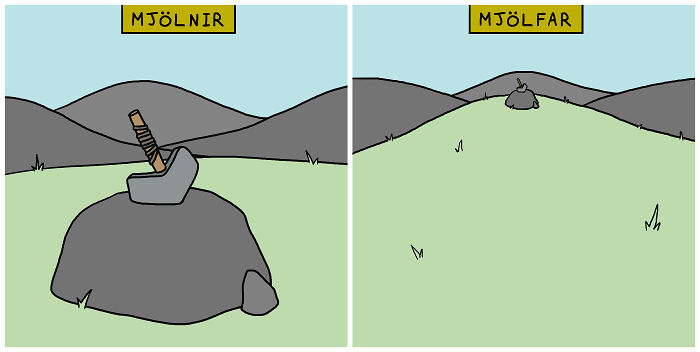 Viking pun comic featuring Mjolnir in stone, then vanished as Mjolfar.